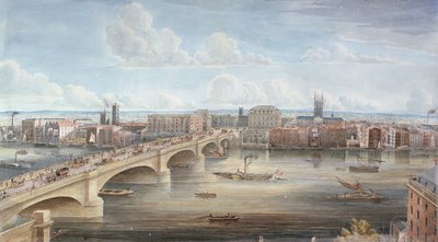 Další pohled na New London Bridge, ukazující západní frontu, při pohledu na Southwark a poskytující vzdálený pohled na Surrey, 1838 od Gideon Yates